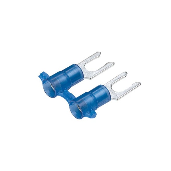 Fork Terminal, #8 Stud Size, 14 AWG, 600 V, Nylon Insulated, Blue, Crimp Termination Only, 3000 PK